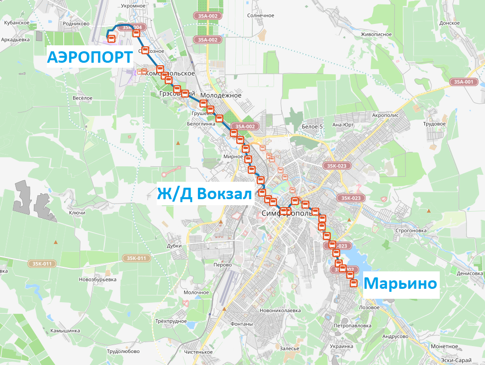 Схема движения автобуса №49 из нового терминала аэропорта в Симферополь