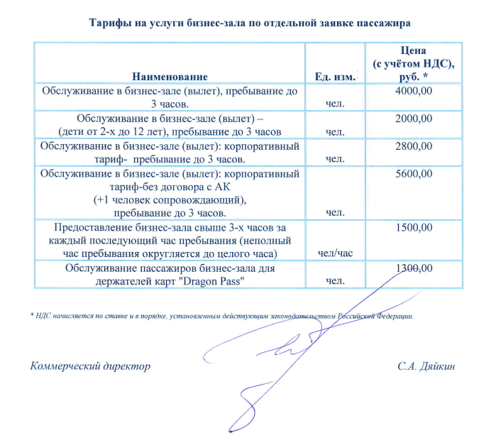Стоимость обслуживания пассажиров в бизнес-зале аэропорта Симферополь